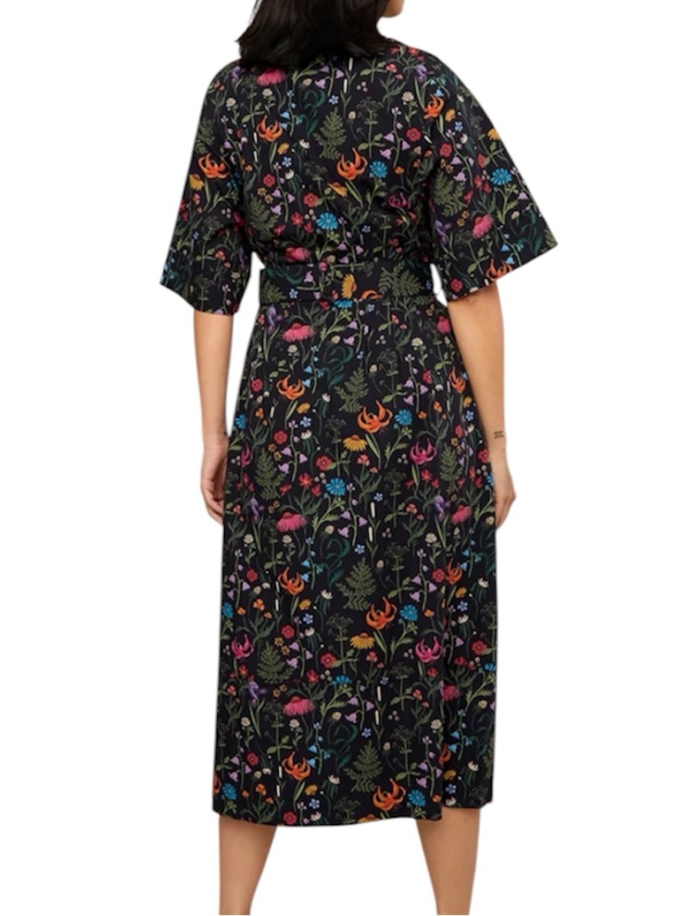 NWT Mixed by Nasrin Black Floral Belted Midi Shirt Dress Size Small - Picture 2 of 15